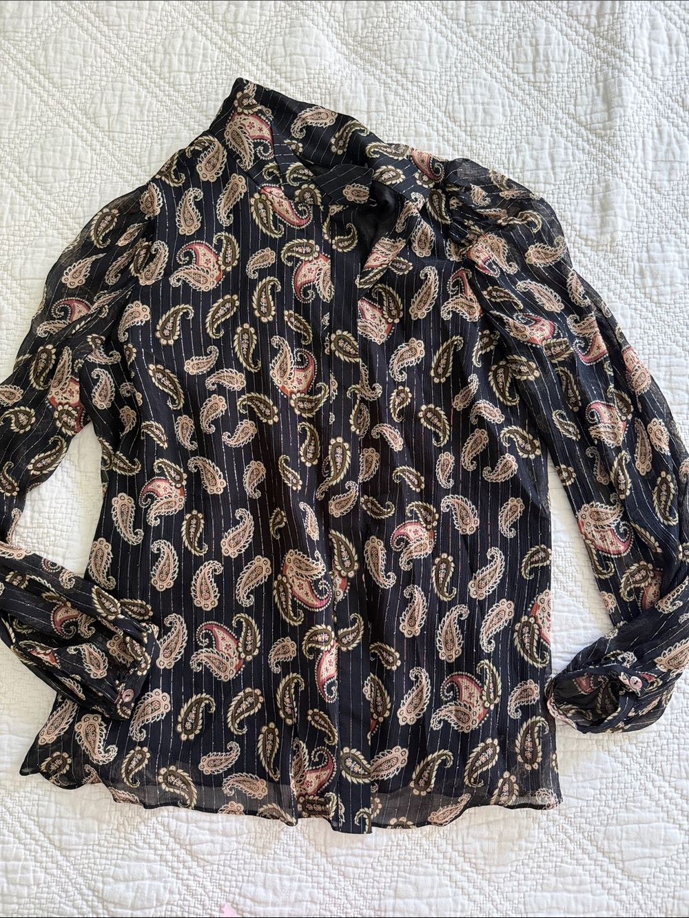 Massimo Dutti Black Paisley Blouse with Metallic Pinstripes Long Sleeves Sz 8 - Picture 6 of 10